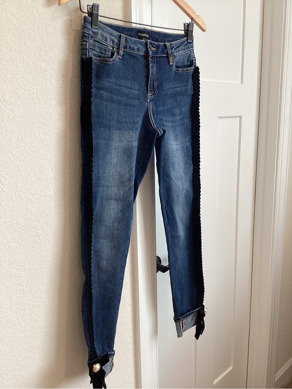 Bebe Textured Velvet Side Stripe Jeans Dolce Vita Skinny New 26 Dark Blue - Picture 5 of 14